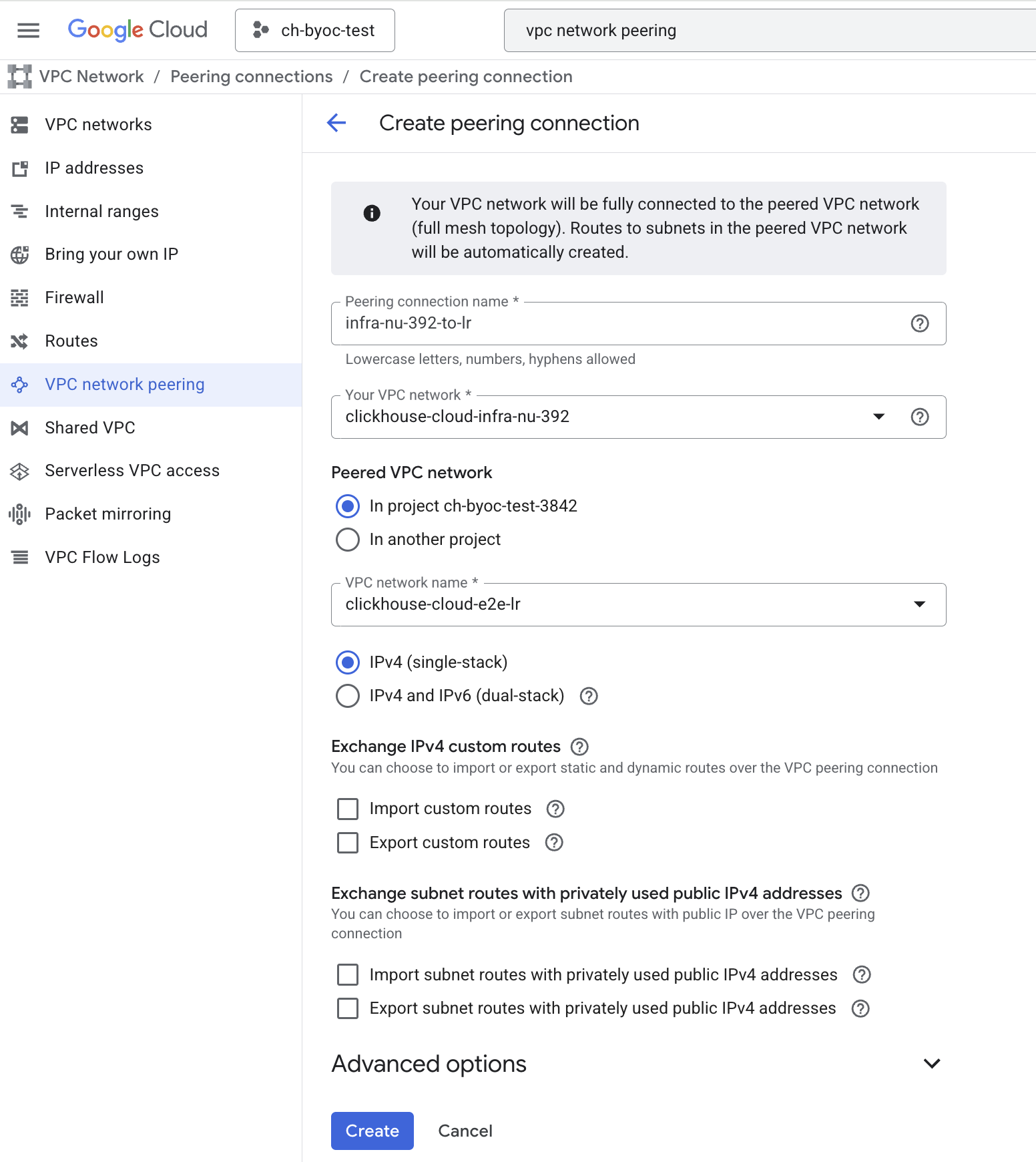 BYOC Create Peering Connection